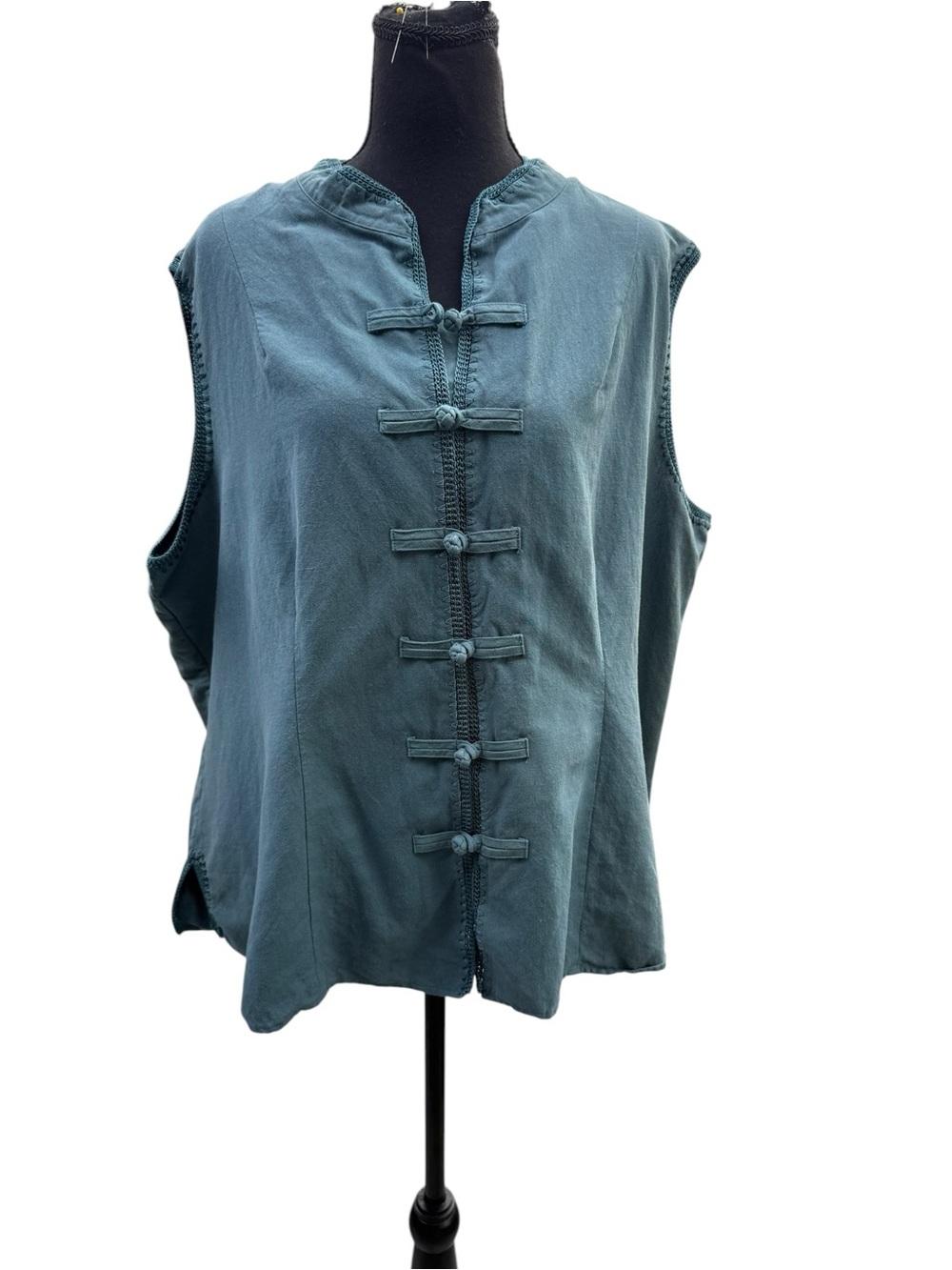 CJ Banks Teal Sleeveless Mandarin Knot Front Tunic